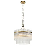 Endon Beaumont 3 Light Pendant in brass with two tiers of clear glass rods, chain suspension, and lit E14 lamps, shown on a white background.
