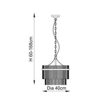 Dimensions diagram of the Endon Beaumont 3 Light Pendant showing 60-168cm adjustable height and 40cm diameter on a plain white background.