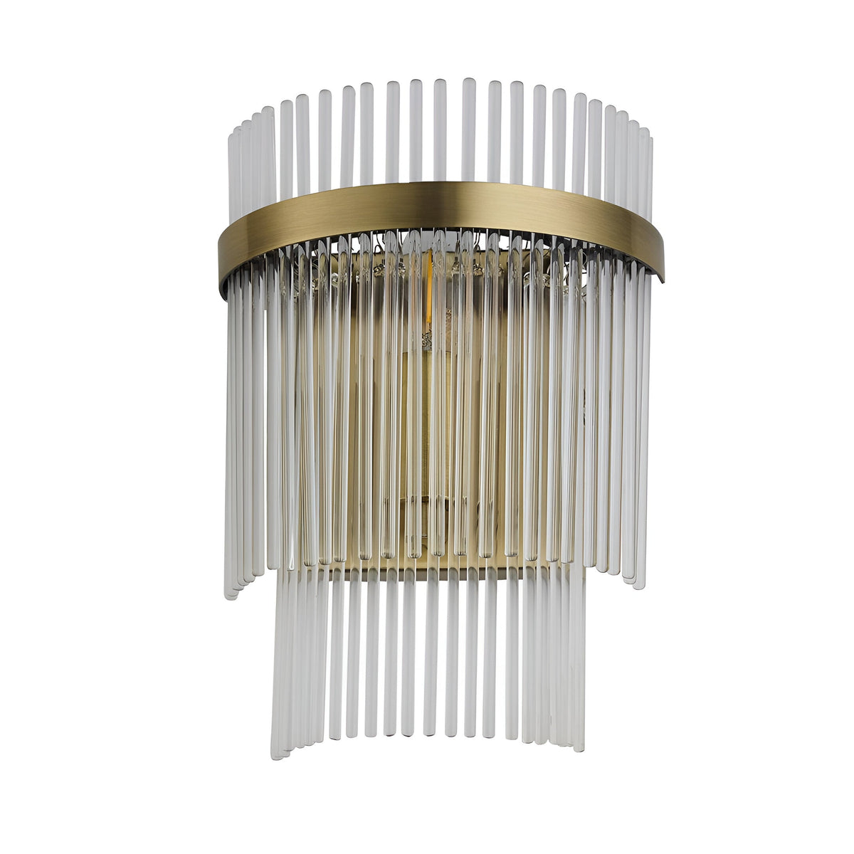 Beaumont Wall Light in brass with clear glass rods arranged in tiers around a brushed brass band, shown on a plain white background.