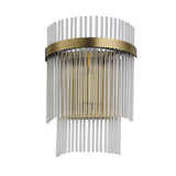 Beaumont Wall Light in brass with clear glass rods arranged in tiers around a brushed brass band, shown on a plain white background.