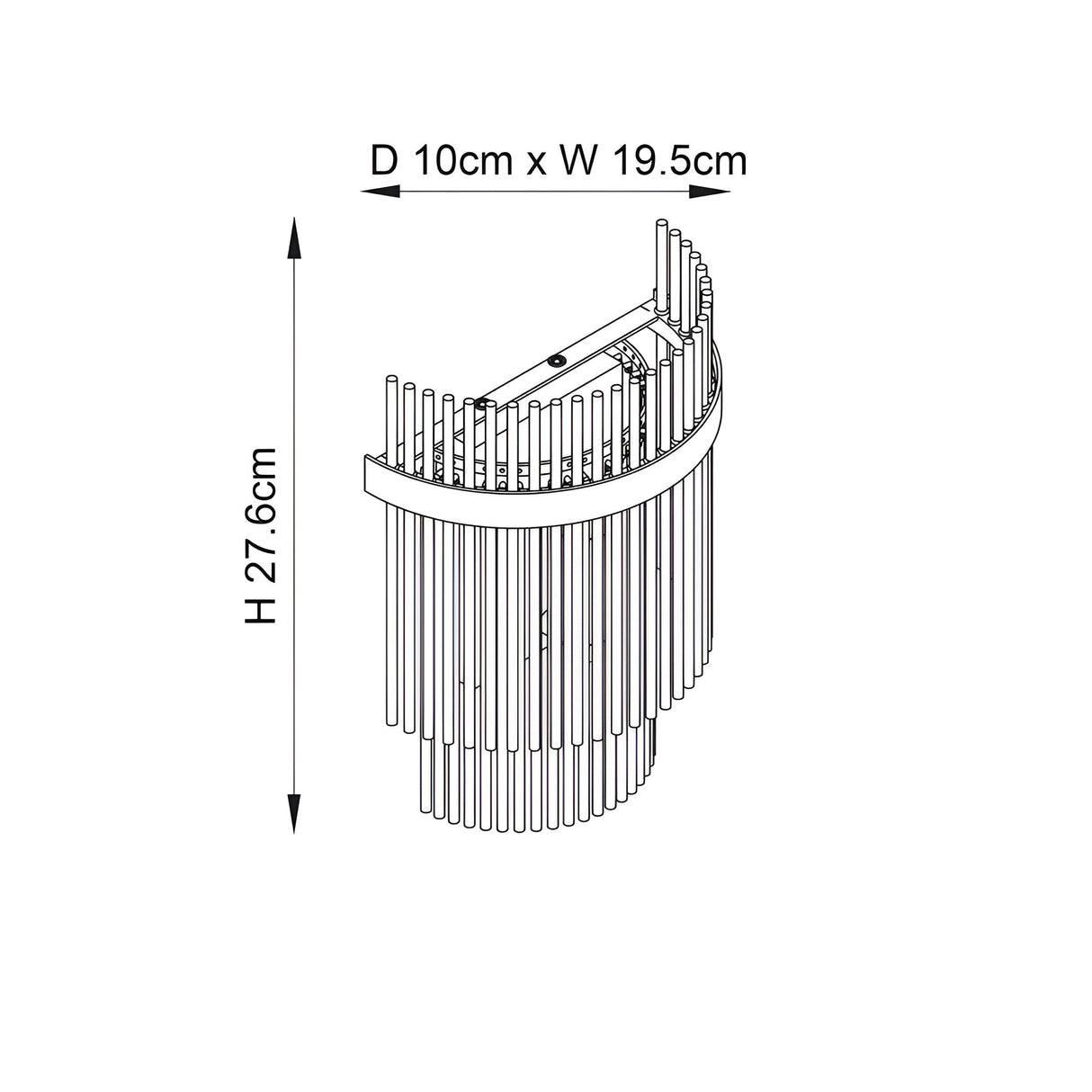 Beaumont Wall Light in brass with a curved half-cylinder frame and vertical glass rods, line drawing, 27.6cm H x 19.5cm W x 10cm D.