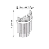 Beaumont Wall Light in brass with a curved half-cylinder frame and vertical glass rods, line drawing, 27.6cm H x 19.5cm W x 10cm D.