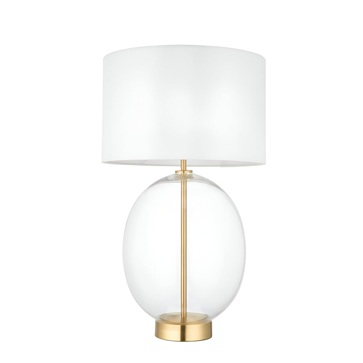 Brockmere Table Lamp with oversized oval clear glass base, satin brass stem and base plate, and white fabric drum shade on a plain white background.