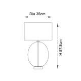 Line drawing of the Brockmere Table Lamp showing an oval glass base with brass stem and rectangular shade, dimensions 35cm diameter and 57.8cm height.