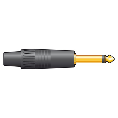 Depiction of a Neutrik NEUTRIK NP2XB, 6.3mm mono plug with a black casing, oriented horizontally. This high-quality jack plug includes a ribbed grip near the base for effortless handling. The white background accentuates the precision of this metal mono jack design.