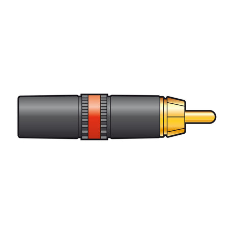 Neutrik NYS373-2 RCA phono plug with black metal body, red identification band and gold-plated contact pin, shown on a plain white background.