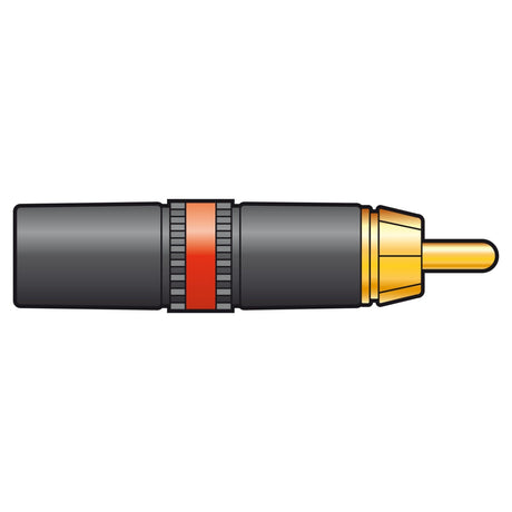 Depiction of the Neutrik NEUTRIK NYS373-2 RCA phono plug, showcasing a sleek black casing accented by a red ID band near its tip and a gold-colored connector. The design is simple yet elegant, set against a white background.