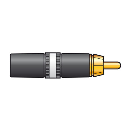 Neutrik NYS373-9 RCA phono plug by AVSL with black metal barrel, white identification band, and gold-plated centre pin, shown on a plain white background.