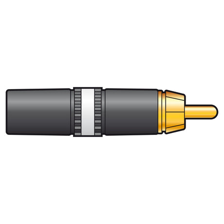 The image depicts a Neutrik NEUTRIK NYS373-9 RCA Phono Plug with a professional design. It consists of a cylindrical black body featuring a white ID band near the tip and has a gold male plug extending from it. The plug is set against a plain white background.