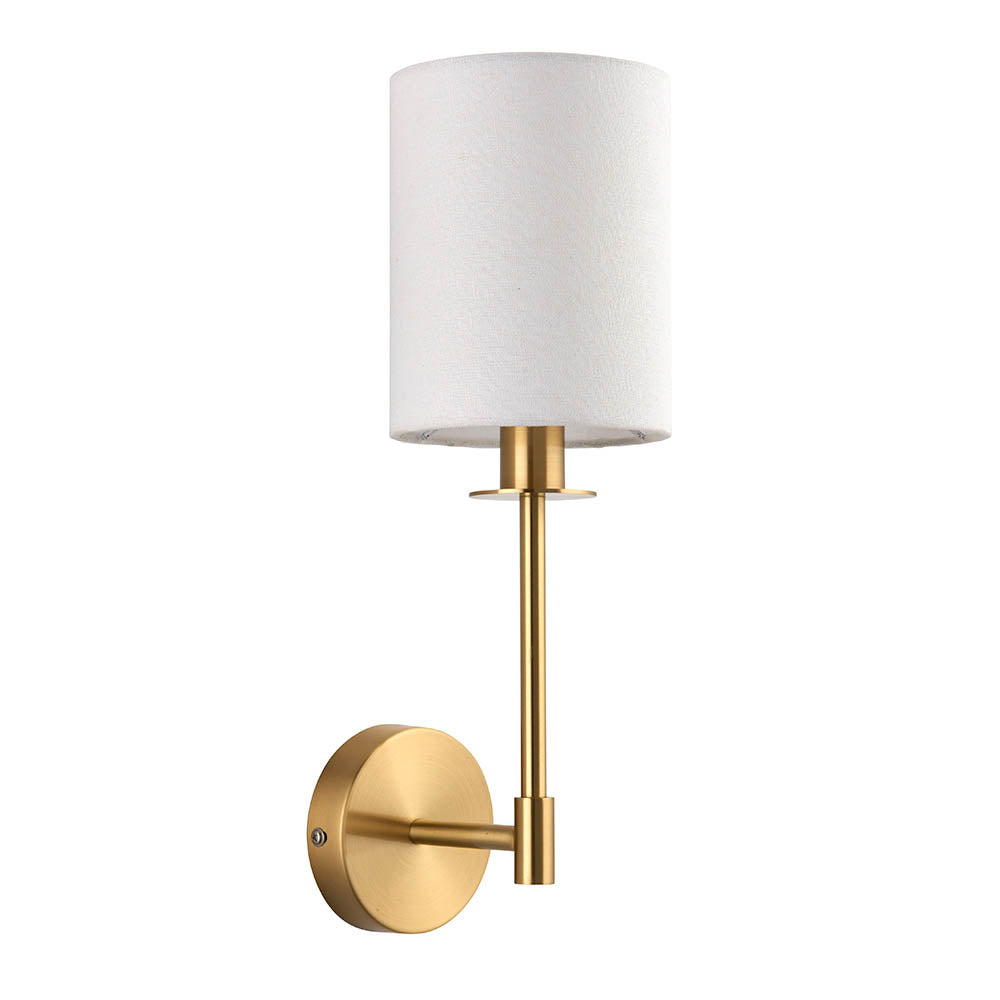 Endon Cliffhurst dimmable E14 wall light with a slim satin brass upright and vintage white cylinder fabric shade on a plain white background.