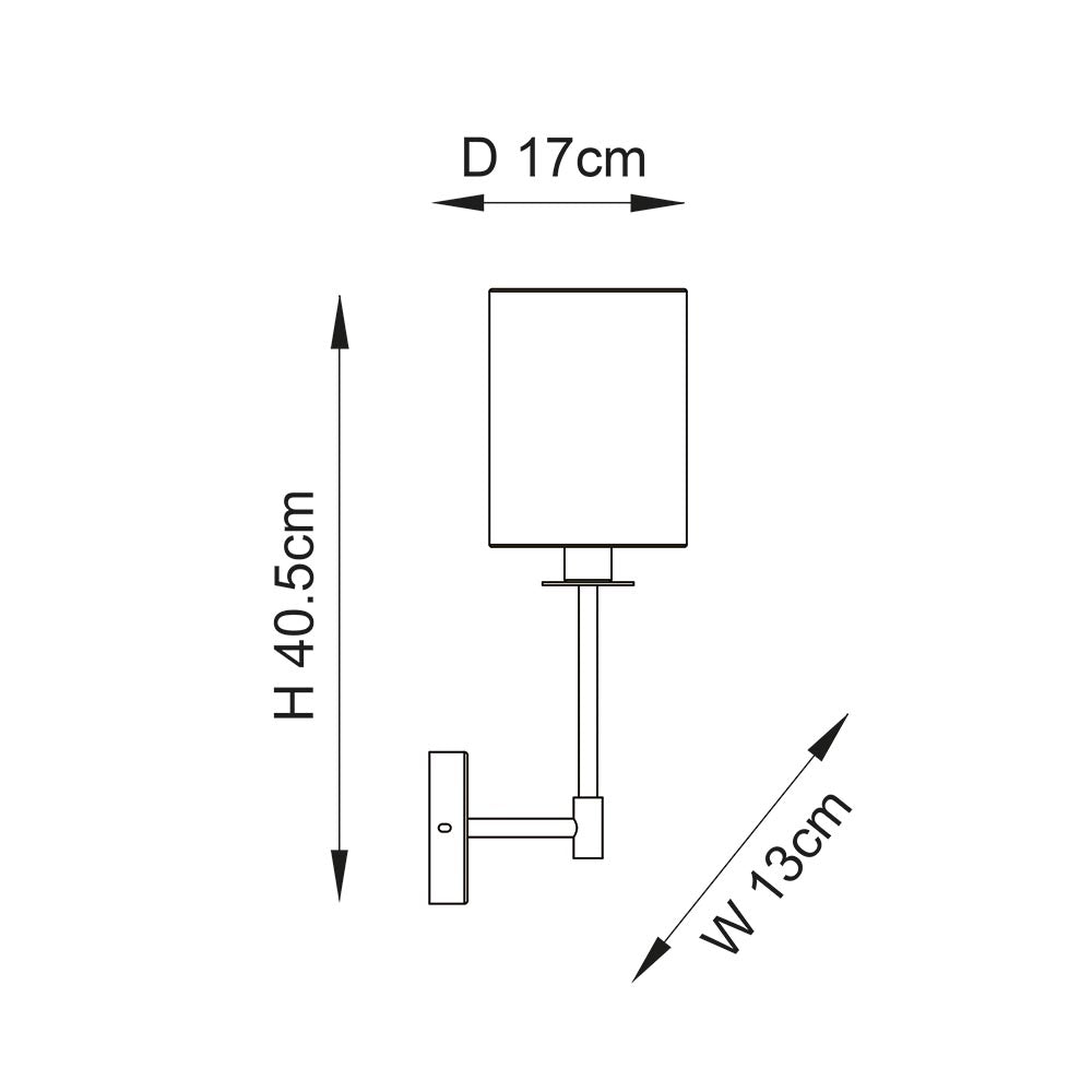 Technical dimension drawing of the Endon Cliffhurst Wall Light showing 40.5cm height, 17cm depth, and 13cm width with cylinder shade and bracket.
