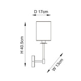 Technical dimension drawing of the Endon Cliffhurst Wall Light showing 40.5cm height, 17cm depth, and 13cm width with cylinder shade and bracket.