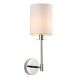 Endon Cliffhurst dimmable wall light with a slim polished nickel upright and white cylinder fabric shade, E14 fitting, shown on a plain white background.