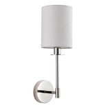 Endon Cliffhurst wall light with a slim polished nickel upright and white cylinder fabric shade, shown against a plain white background.
