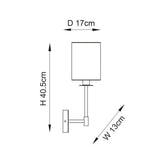 Dimensioned line drawing of the Endon Cliffhurst wall light showing 40.5cm height, 17cm depth and 13cm width with cylinder shade and slim upright.