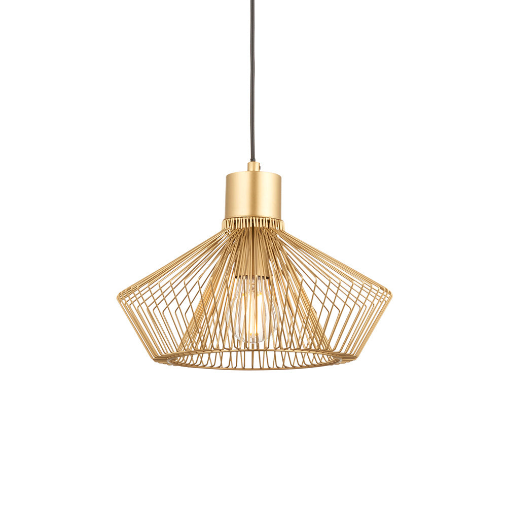 Endon Brockton cage pendant light in polished gold, with an open geometric metal cage around an E27 filament bulb on black flex, plain white background.