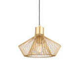 Endon Brockton cage pendant light in polished gold, with an open geometric metal cage around an E27 filament bulb on black flex, plain white background.