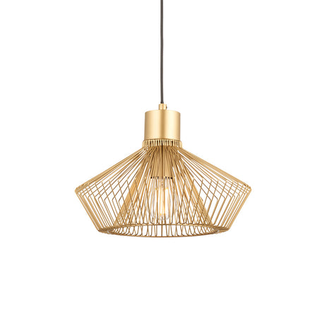 Endon Brockton cage pendant light in polished gold, with an open geometric metal cage around an E27 filament bulb on black flex, plain white background.