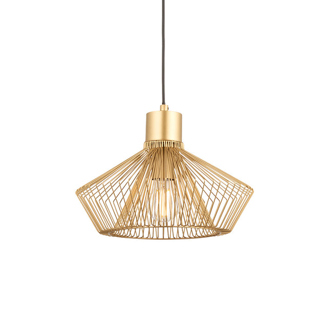 Endon Brockton cage pendant light in polished gold, with an open geometric metal cage around an E27 filament bulb on black flex, plain white background.
