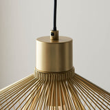 Close-up of the Endon Brockton Cage Pendant Light in polished gold, showing the cylindrical ceiling cap, black flex, and top of the wire cage shade.