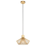 Endon Brockton pendant light in polished gold, with an open geometric metal cage shade, E27 filament bulb and black flex, on a white background.