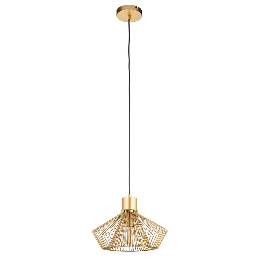 Endon Brockton Cage Pendant Light in polished gold, featuring an open geometric metal cage shade on a black flex with ceiling rose, against a white background.
