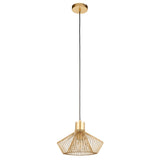 Endon Brockton Cage Pendant Light in polished gold, featuring an open geometric metal cage shade on a black flex with ceiling rose, against a white background.