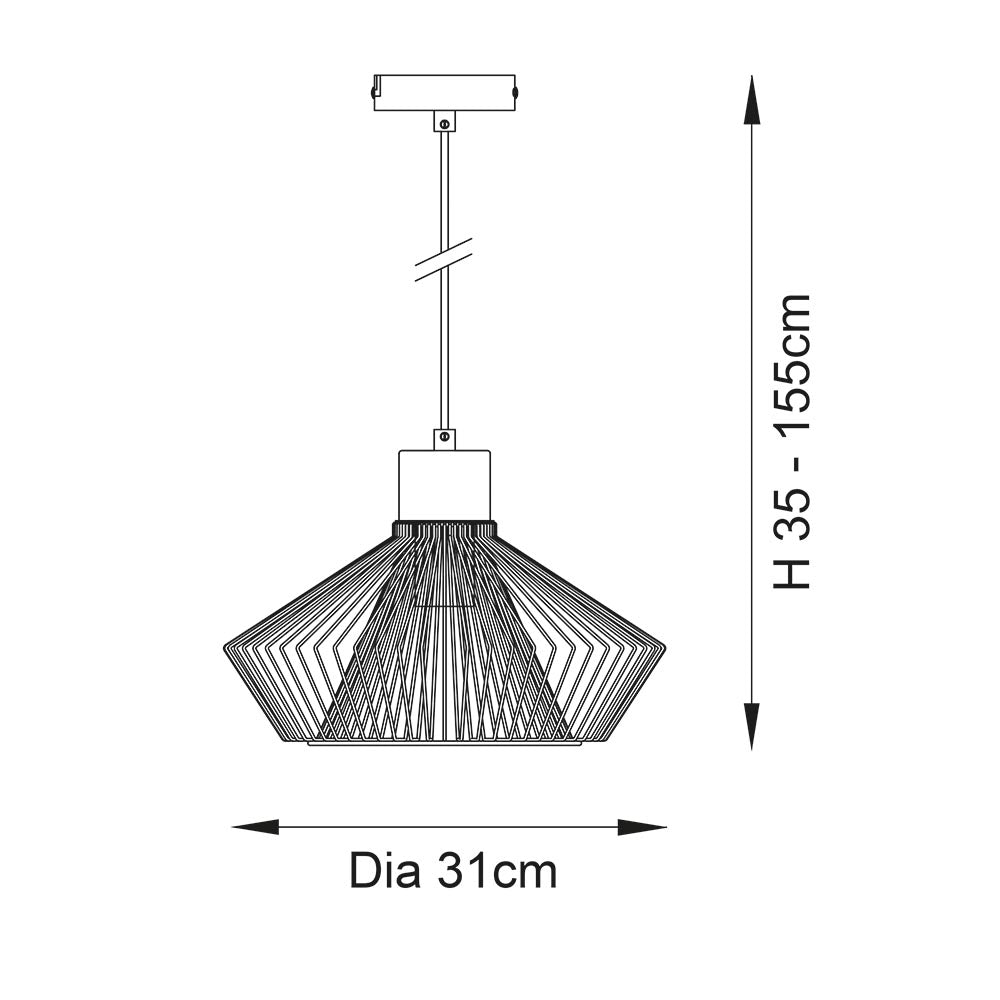 Endon Brockton cage pendant light dimension diagram showing 31cm diameter shade and adjustable 35–155cm drop height.