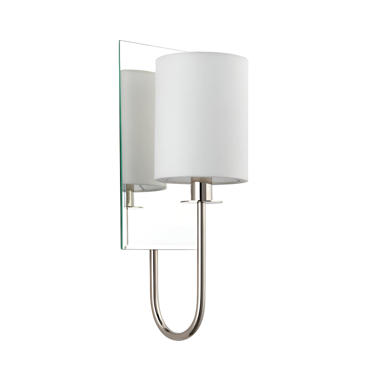 Endon Carlhurst wall light in polished nickel with a bevelled mirrored back plate, curved arm, and vintage white fabric cylinder shade on a white background.