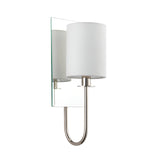 Endon Carlhurst wall light in polished nickel with a bevelled mirrored back plate, curved arm, and vintage white fabric cylinder shade on a white background.
