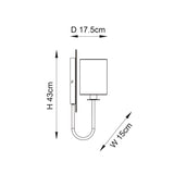 Dimension diagram of the Endon Carlhurst nickel wall light showing 43cm height, 15cm width and 17.5cm projection on a white background.