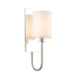 Endon Carlhurst wall light in polished nickel with bevelled mirrored back plate and vintage white fabric cylinder shade on a curved arm.
