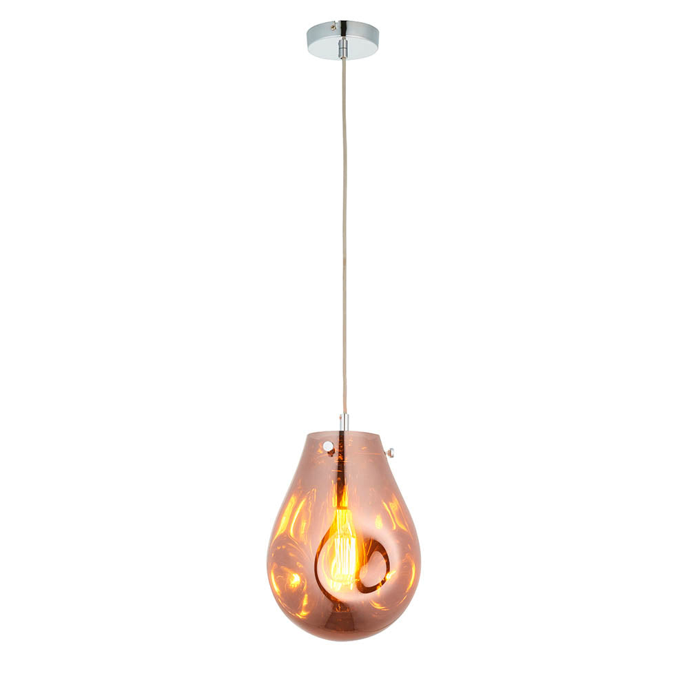 Brackwell Glass Pendant in Copper, a single-light fitting with an organic molten glass shade, chrome details, and grey fabric cable on a white background.