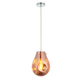 Brackwell Glass Pendant in Copper, a single-light fitting with an organic molten glass shade, chrome details, and grey fabric cable on a white background.