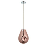 Brackwell Glass Pendant in copper, single-light fitting with a teardrop-shaped molten glass shade, chrome ceiling cup, and grey fabric cable.