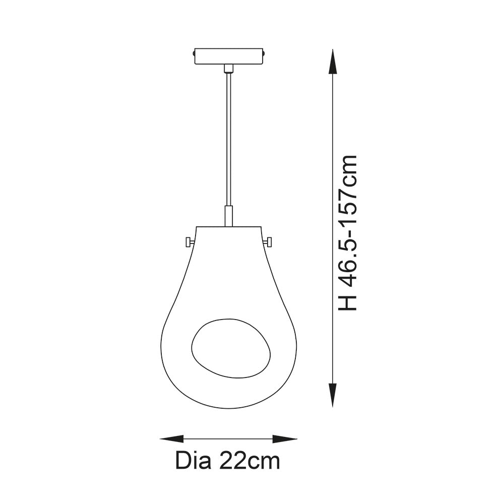 Technical line drawing of the copper Brackwell Glass Pendant with teardrop shade, chrome fittings, adjustable cable, and ceiling plate, H 46.5-157cm, Dia 22cm.