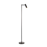 Endon Brackbourne modern floor lamp in matt black with slim stem, adjustable cylindrical LED reader head, and round base on a plain white background.