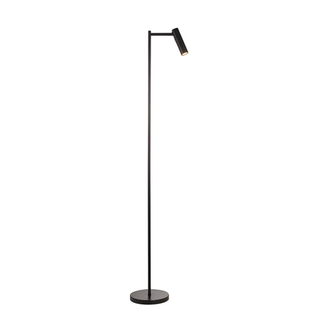 Endon Brackbourne modern floor lamp in matt black with slim stem, adjustable cylindrical LED reader head, and round base on a plain white background.