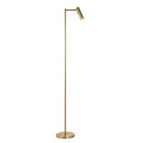 Endon Brackbourne modern LED reader floor lamp in brass with adjustable cylindrical head, slim stem and round base, shown on a plain white background.