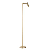 Endon Brackbourne modern LED reader floor lamp in brass with adjustable cylindrical head, slim stem and round base, shown on a plain white background.