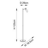 Dimension diagram of the Endon Brackbourne floor lamp showing 125cm height, 18.5cm width and 29cm depth on a plain white background.