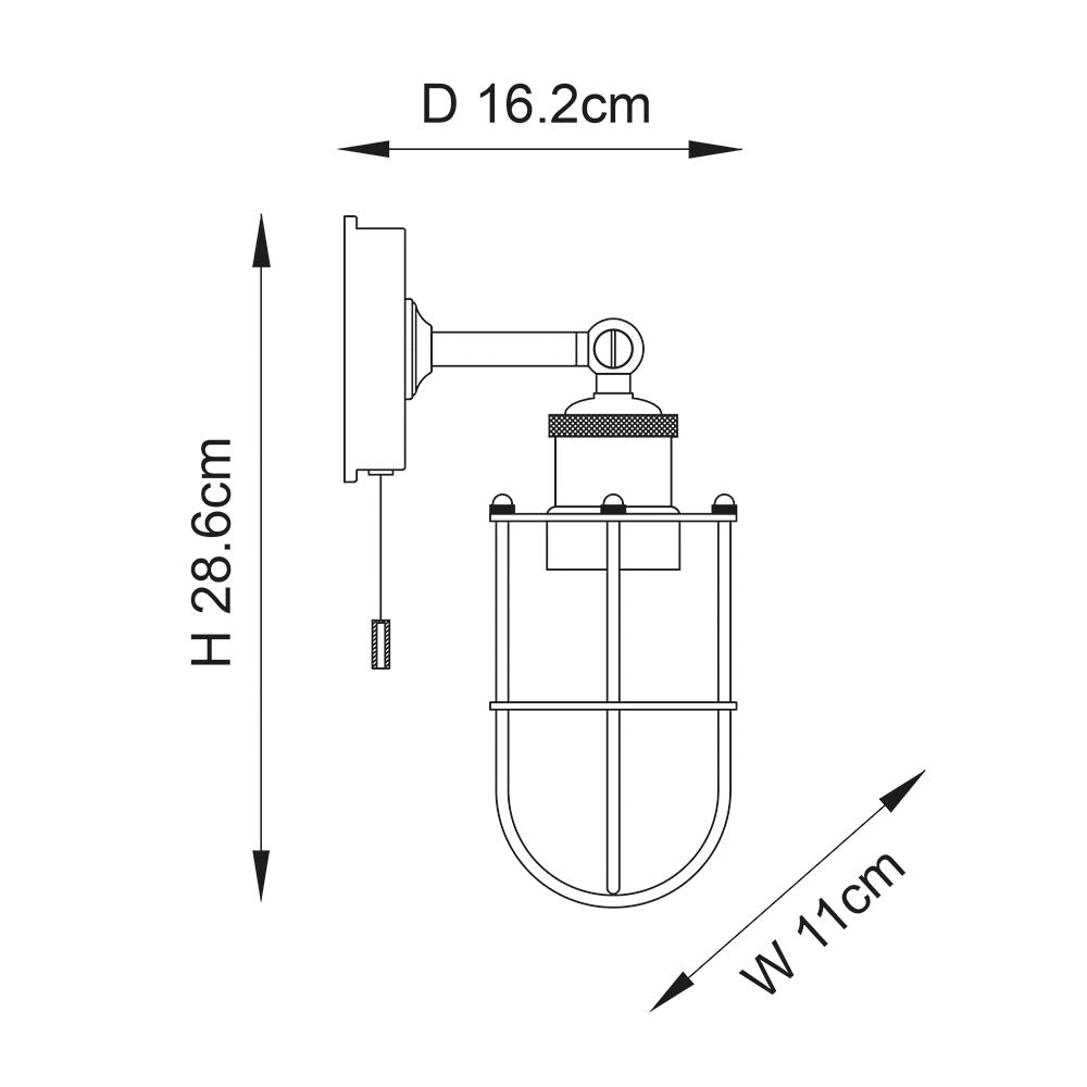 Technical line drawing of the black Bevwood Bathroom Wall Light, an industrial cage-style single-light fitting with pull cord, 286x162x110mm.