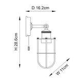 Technical line drawing of the black Bevwood Bathroom Wall Light, an industrial cage-style single-light fitting with pull cord, 286x162x110mm.