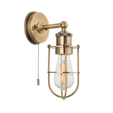 Bevwood Bathroom Wall Light in brass with industrial cage shade, E27 filament bulb, pull-cord switch and round wall mount, shown on a white background.