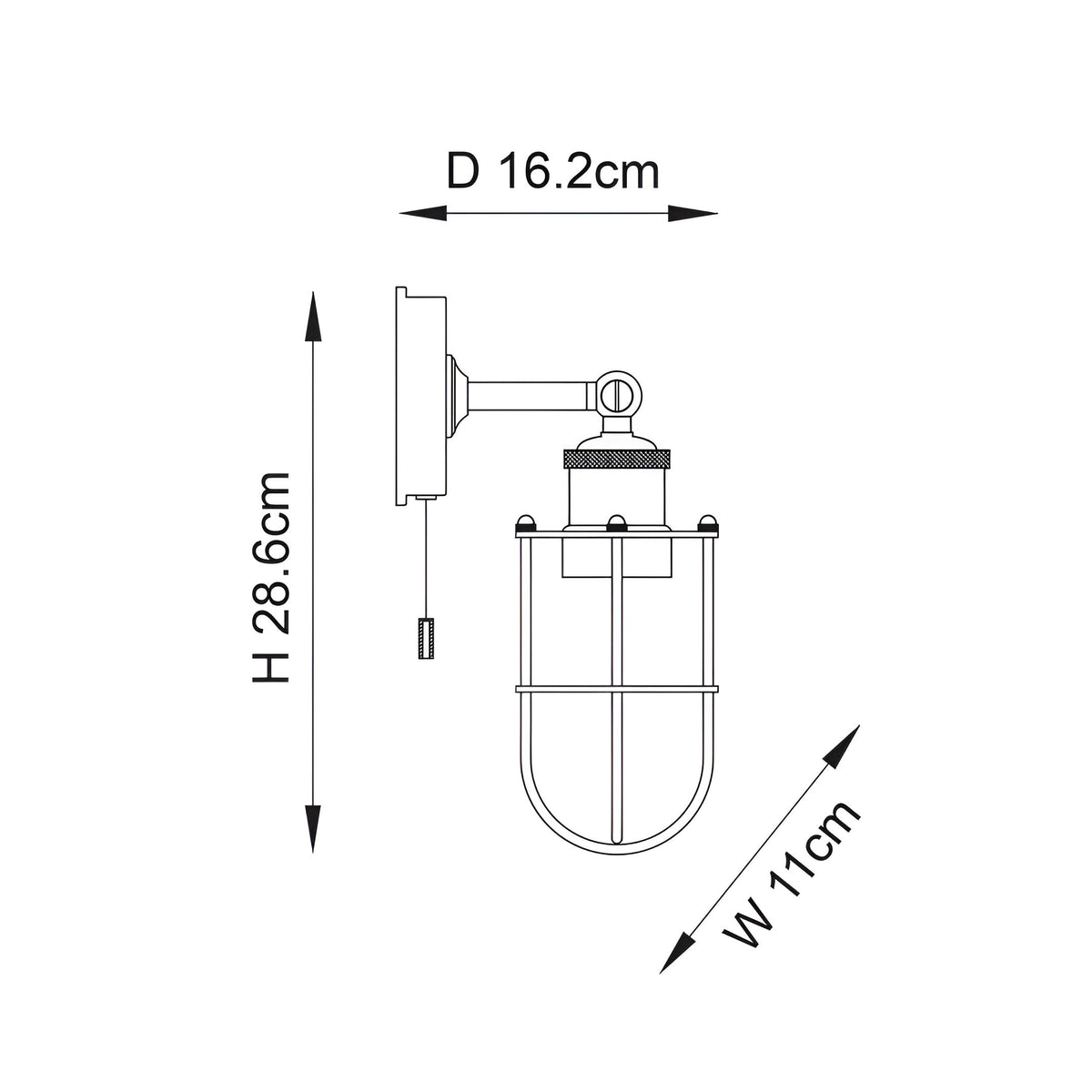 Bevwood Bathroom Wall Light in brass with industrial cage design, pull cord, dimensions labelled D16.2cm, H28.6cm, W11cm on white background.