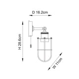 Bevwood Bathroom Wall Light in brass with industrial cage design, pull cord, dimensions labelled D16.2cm, H28.6cm, W11cm on white background.