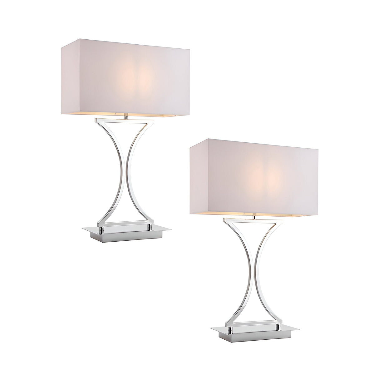 Endon Brackton table lamp twin pack with curved chrome bodies on rectangular bases and white rectangular fabric shades, shown on a plain background.