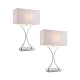 Endon Brackton table lamp twin pack with curved chrome bodies on rectangular bases and white rectangular fabric shades, shown on a plain background.