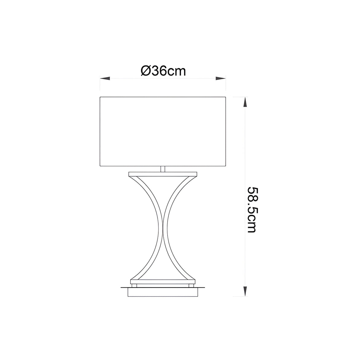 Dimension diagram of the Endon Brackton table lamp in chrome with white rectangular shade, marked 36cm diameter and 58.5cm height on a white background.