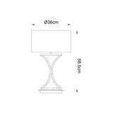 Dimension diagram of the Endon Brackton table lamp in chrome with white rectangular shade, marked 36cm diameter and 58.5cm height on a white background.